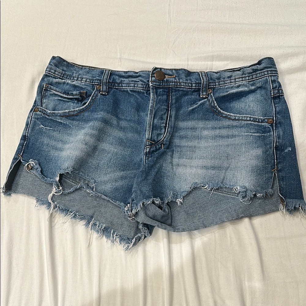 Free People Blue Jean Shorts with Frayed Hem and Distressing